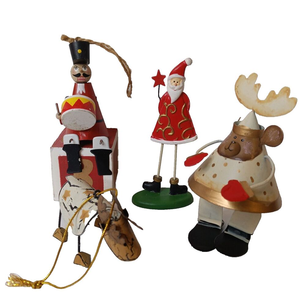 Metal & Wood Dangling Christmas Ornaments 4-PCS Bundle Holiday Tree Decorations